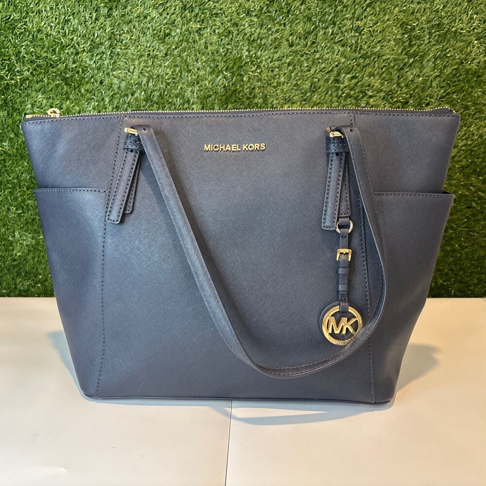 NWT MICHAEL MICHAEL KORS JET TRAVEL TOTE BAG GENUINE LEATHER NAVY